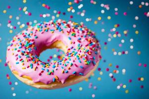 a pink doughnut with sprinkles flying in the air. AI-Generated photo