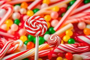 many colorful candy lollipops are scattered around. AI-Generated photo