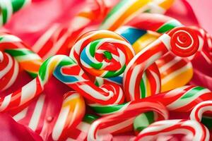 a close up of candy canes on a pink background. AI-Generated photo