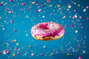 a donut with sprinkles on a blue background. AI-Generated photo