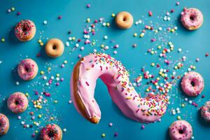 donuts with pink icing and sprinkles on a blue background. AI-Generated photo