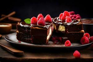 chocolate cake with raspberries and chocolate sauce. AI-Generated photo