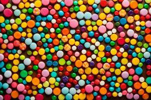 a large group of colorful candies on a black background. AI-Generated photo