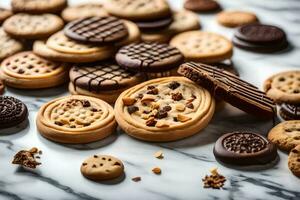 a variety of cookies and cookies on a marble surface. AI-Generated photo