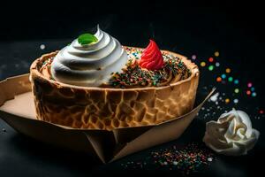 a dessert with whipped cream and sprinkles on a black background. AI-Generated photo