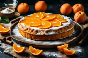 a cake with oranges on a wooden plate. AI-Generated photo