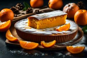 a piece of cake with orange slices on a wooden plate. AI-Generated photo