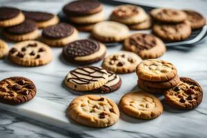 un variedad de galletas y galletas en un mármol encimera. generado por ai foto