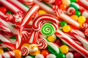 many colorful candy canes and candy lollipops. AI-Generated photo