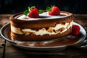 a chocolate cake with cream and strawberries on top. AI-Generated photo