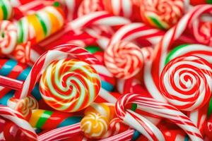 many colorful candy canes are arranged in a pile. AI-Generated photo