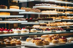 a display case filled with various types of pastries. AI-Generated photo