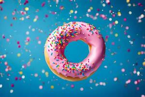 a donut with sprinkles on a blue background. AI-Generated photo