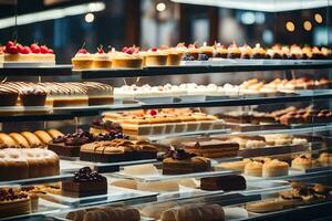 many different types of cakes are on display in a bakery. AI-Generated photo