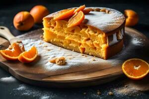 a piece of cake with orange slices on a wooden board. AI-Generated photo