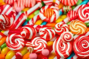 many colorful candy lollipops are arranged in a pile. AI-Generated photo