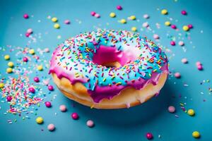 a colorful donut with sprinkles on a blue background. AI-Generated photo