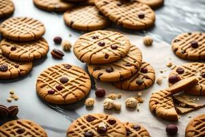 a pile of cookies with peanut butter and chocolate chips. AI-Generated photo