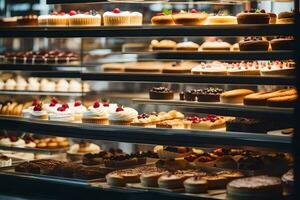 a bakery display case with many different types of pastries. AI-Generated photo