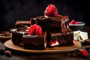 chocolate brownies with raspberries on a wooden plate. AI-Generated photo