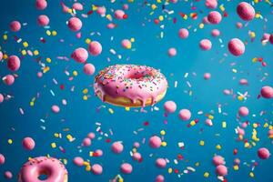 donuts flying in the air with sprinkles. AI-Generated photo