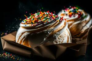 two white meringue cakes with sprinkles on a black background. AI-Generated photo