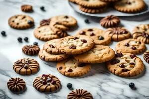 un pila de galletas en un mármol mesa. generado por ai foto