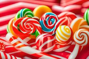 many colorful candy lollipops are arranged in a pile. AI-Generated photo