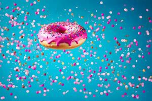 a donut with pink icing and sprinkles on a blue background. AI-Generated photo