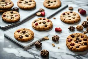 chocolate chip galletas con fresas y chocolate papas fritas. generado por ai foto