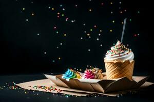 ice cream in a waffle cone with sprinkles on a black background. AI-Generated photo