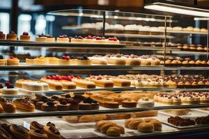 a bakery display case with many different types of pastries. AI-Generated photo
