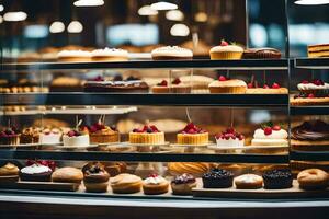 a display case filled with various types of cakes. AI-Generated photo