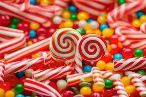 a close up of candy and candy lollipops. AI-Generated photo