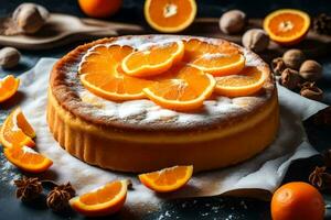 a cake with oranges and nuts on a table. AI-Generated photo