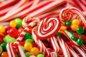 many candy canes are arranged in a pile. AI-Generated photo