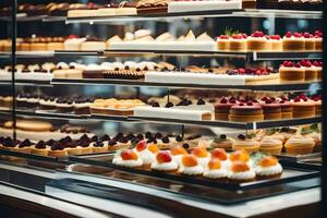 a display case filled with various types of pastries. AI-Generated photo