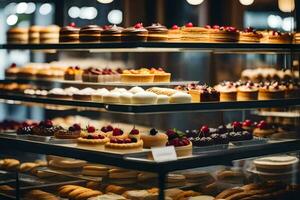 many different types of pastries are on display in a bakery. AI-Generated photo