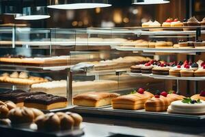 many different types of pastries are on display in a bakery. AI-Generated photo