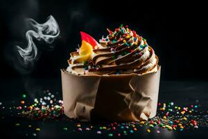 a cupcake with sprinkles and smoke on a black background. AI-Generated photo