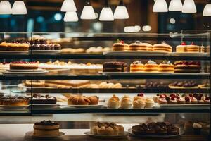 a bakery display case with many different types of pastries. AI-Generated photo