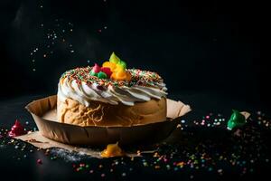 a cake with sprinkles and frosting on a black background. AI-Generated photo