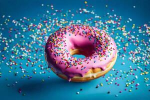 a pink doughnut with sprinkles on a blue background. AI-Generated photo