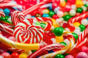 a close up of candy and candy canes. AI-Generated photo