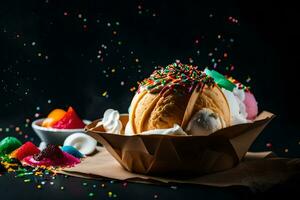 hielo crema en un papel cono con asperja. generado por ai foto