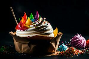 a cupcake with rainbow sprinkles and a wooden stick. AI-Generated photo