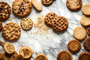a variety of cookies and cookies on a marble surface. AI-Generated photo