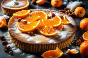 orange cake with sugar and nuts on a black background. AI-Generated photo