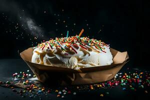 ice cream cake with sprinkles and candles on a black background. AI-Generated photo