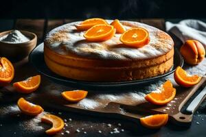 orange cake with sugar on a black background. AI-Generated photo